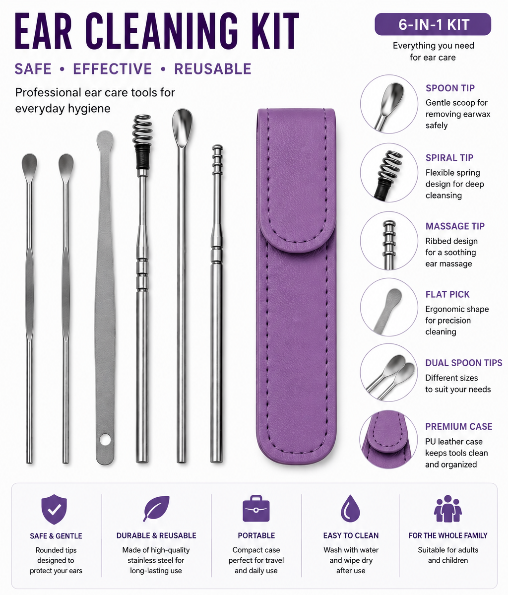 Ear Cleaner Tool Set with Storage Pack of 6 Pcs Set (Burgundy Colour)