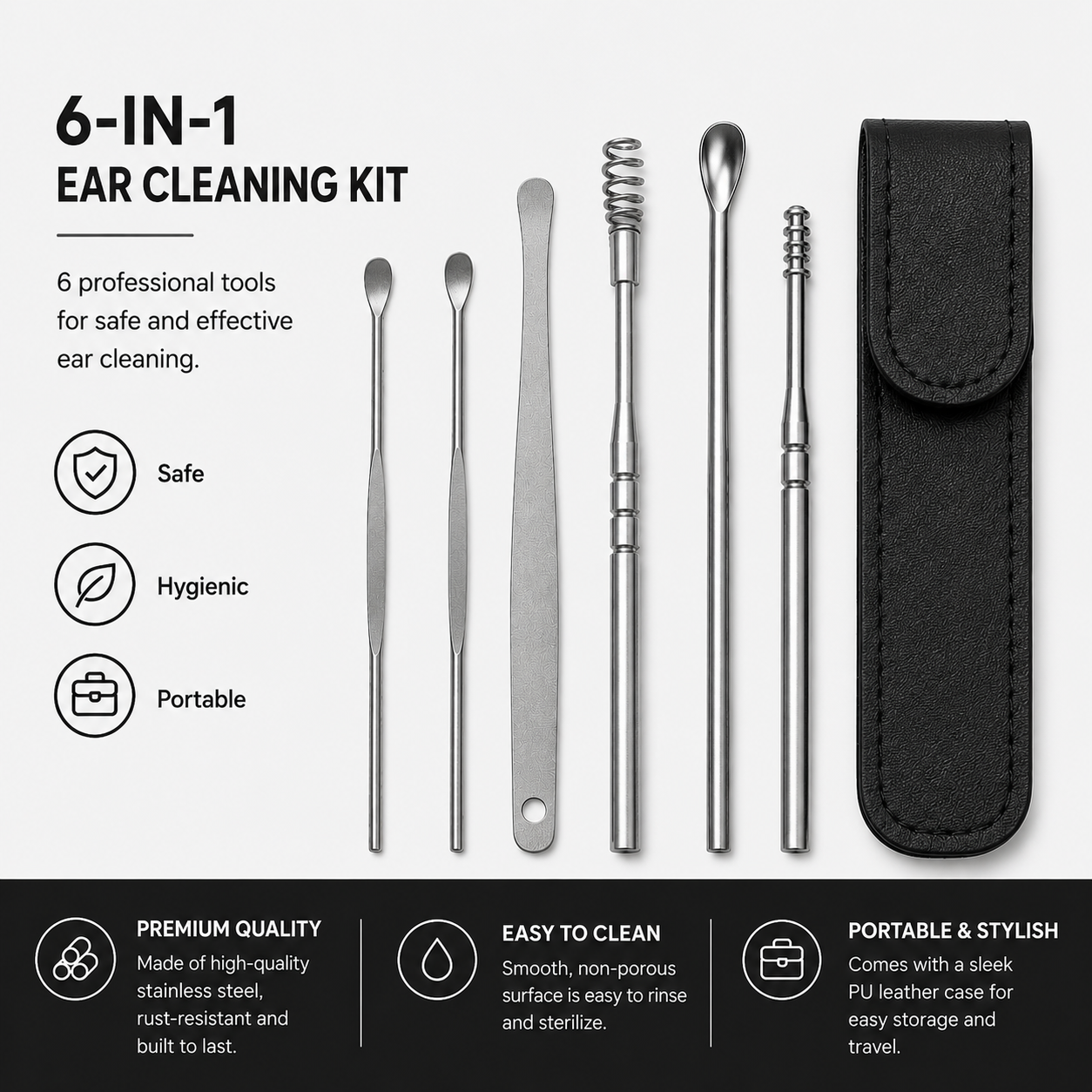 Ear Cleaner Tool Set with Storage Pack of 6 Pcs Set (Black Colour)