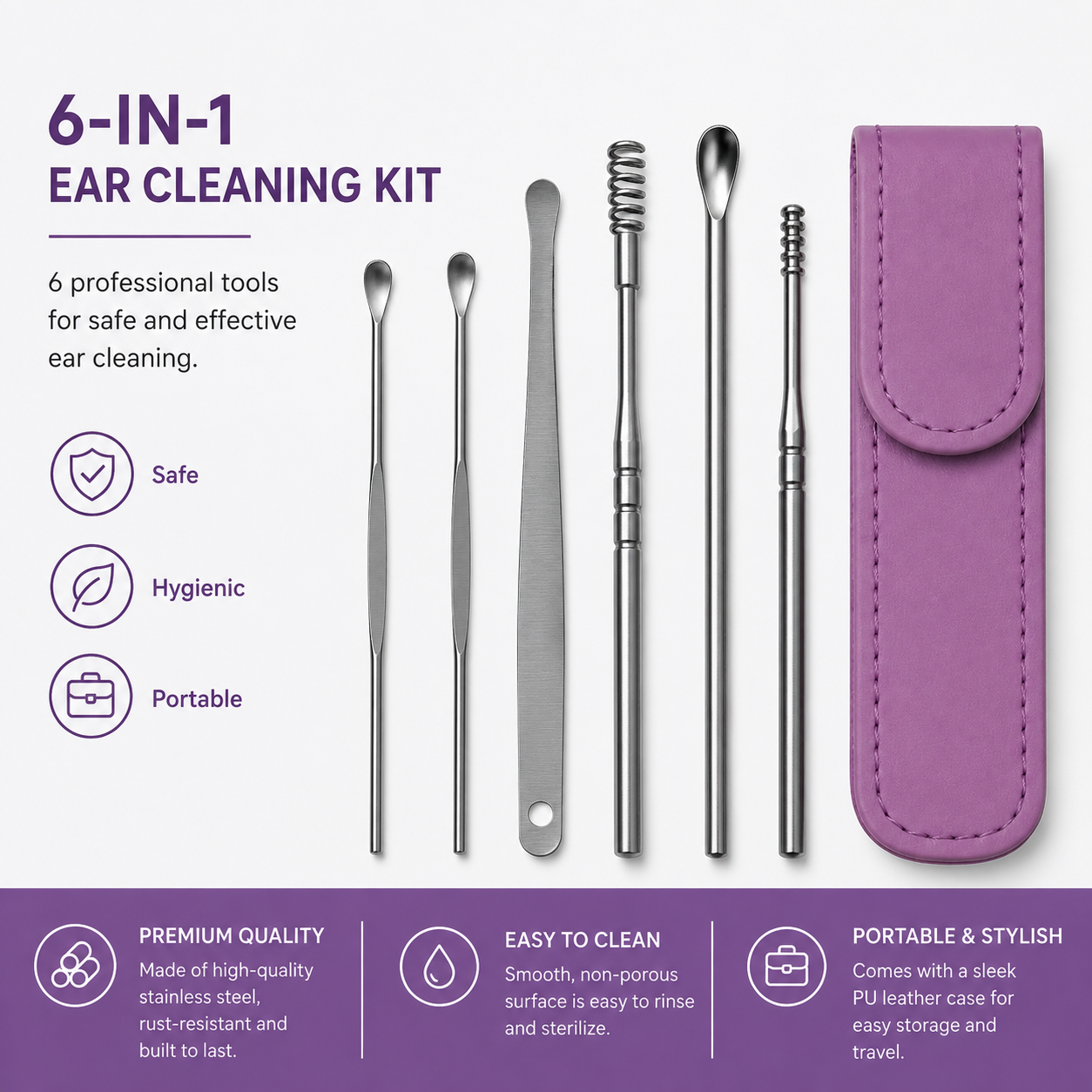 Ear Cleaner Tool Set with Storage Pack of 6 Pcs Set (Burgundy Colour)