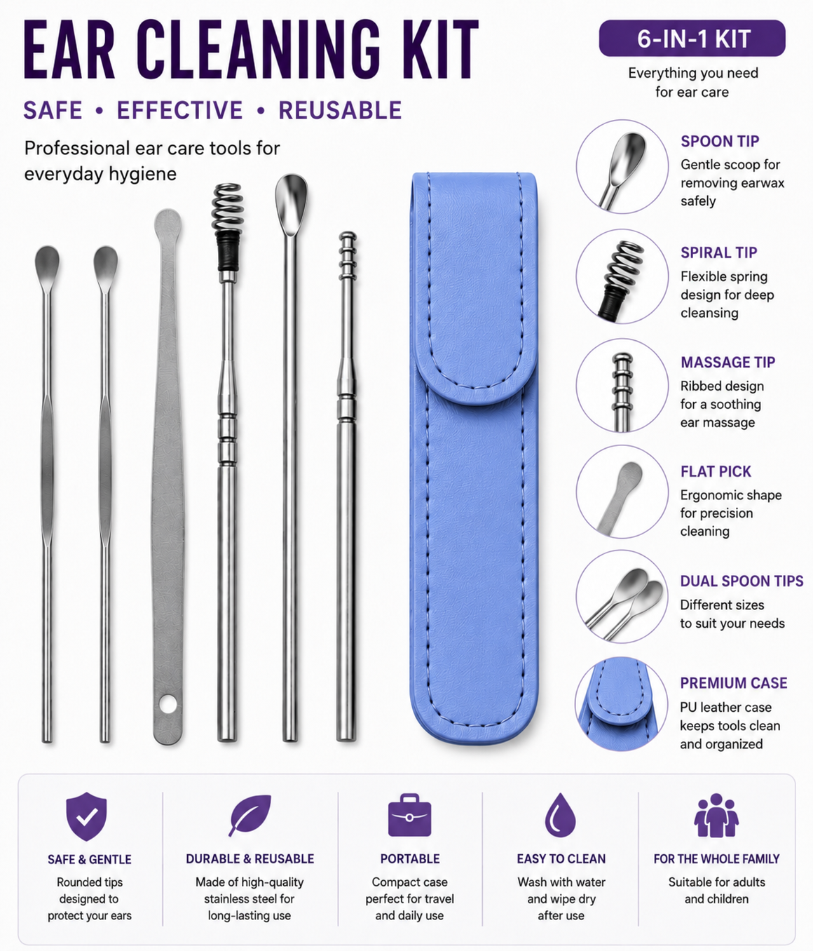 Ear Cleaner Tool Set with Storage Pack of 6 Pcs Set (Blue Colour)