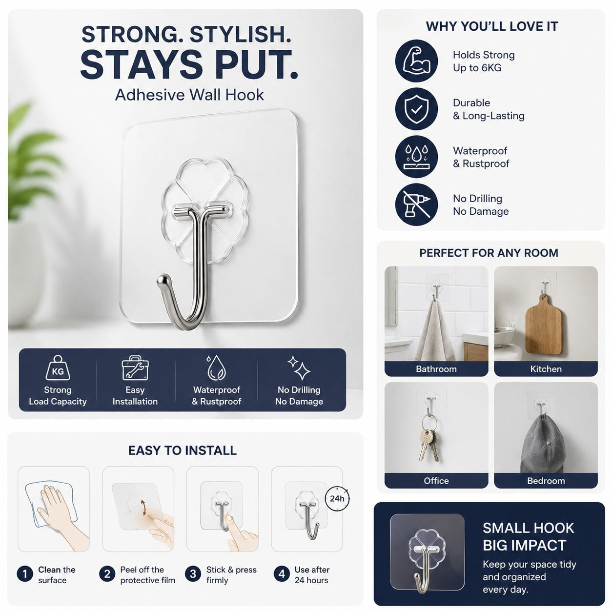 Self Adhesive Wall Hooks - Heavy Duty Wall Hooks for Hanging