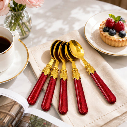 Stainless Steel Tea Spoons Set of 6 with Premium Designer Handle | Multipurpose Dessert, Coffee, Ice Cream & Yogurt Spoon Set Red