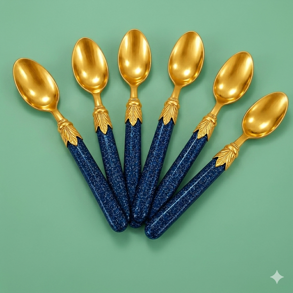 Stainless Steel Tea Spoons Set of 6 with Premium Designer Handle | Multipurpose Dessert, Coffee, Ice Cream & Yogurt Spoon Set Blue