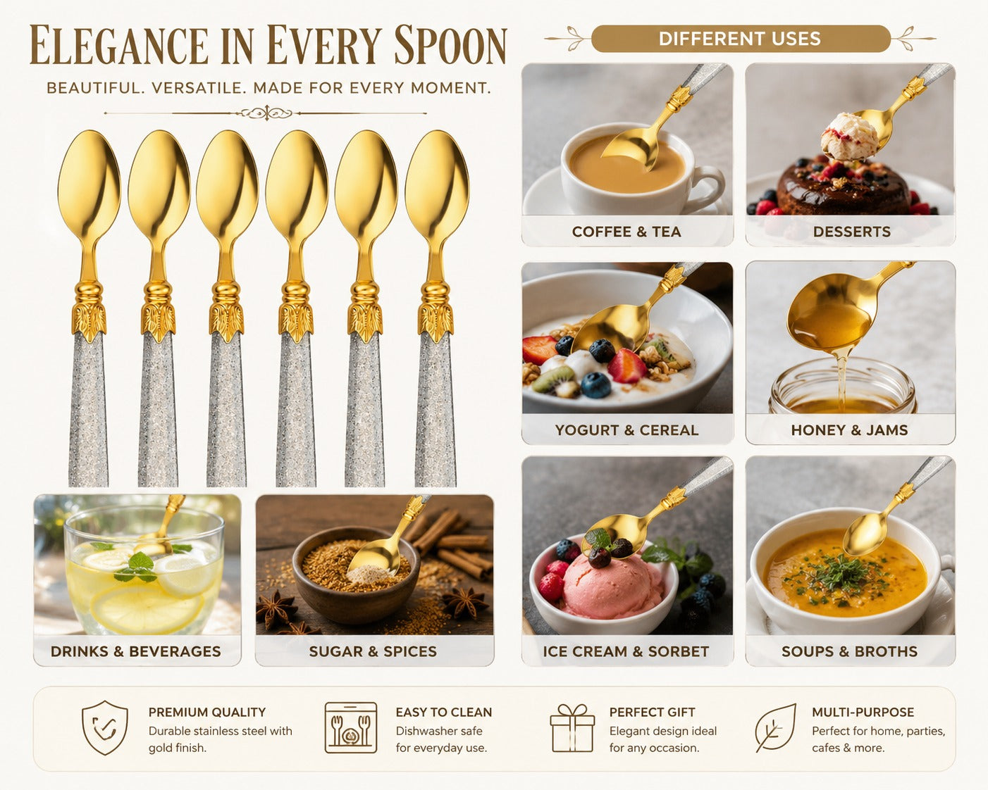 Stainless Steel Tea Spoons Set of 6 with Premium Designer Handle | Multipurpose Dessert, Coffee, Ice Cream & Yogurt Spoon Set Silver