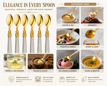 Stainless Steel Tea Spoons Set of 6 with Premium Designer Handle | Multipurpose Dessert, Coffee, Ice Cream & Yogurt Spoon Set Silver