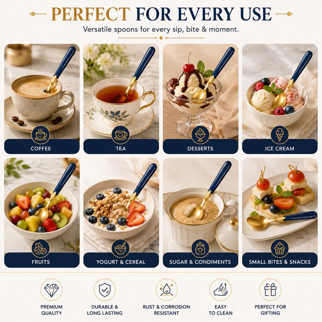 Stainless Steel Tea Spoons Set of 6 with Premium Designer Handle | Multipurpose Dessert, Coffee, Ice Cream & Yogurt Spoon Set Blue