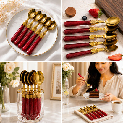 Stainless Steel Tea Spoons Set of 6 with Premium Designer Handle | Multipurpose Dessert, Coffee, Ice Cream & Yogurt Spoon Set Red