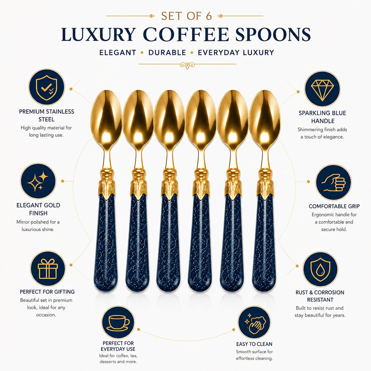 Stainless Steel Tea Spoons Set of 6 with Premium Designer Handle | Multipurpose Dessert, Coffee, Ice Cream & Yogurt Spoon Set Blue