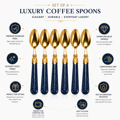 Stainless Steel Tea Spoons Set of 6 with Premium Designer Handle | Multipurpose Dessert, Coffee, Ice Cream & Yogurt Spoon Set Blue