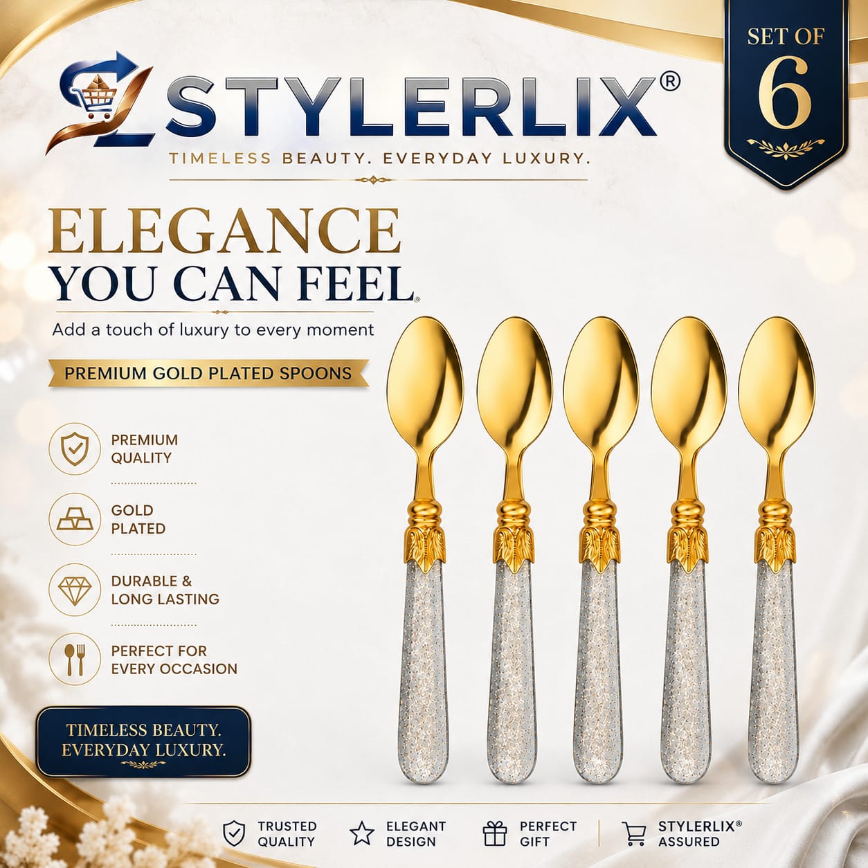 Stainless Steel Tea Spoons Set of 6 with Premium Designer Handle | Multipurpose Dessert, Coffee, Ice Cream & Yogurt Spoon Set Silver